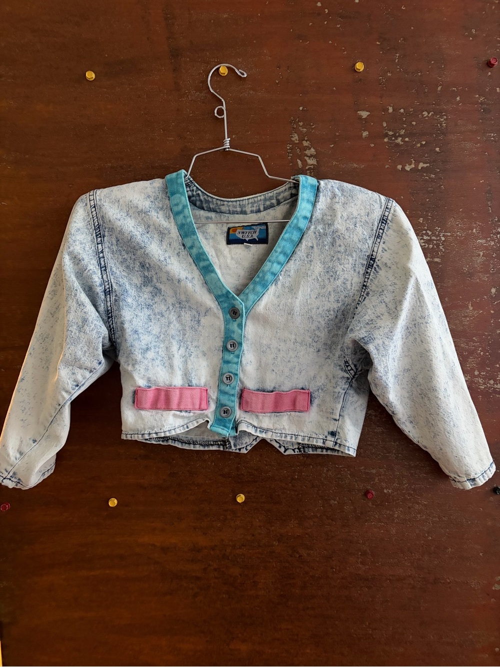 Vintage-Style Acid Wash Denim Cropped Jacket with Neon Blue and Pink Trim